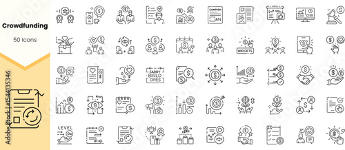 A diverse collection of crowdfunding icons, featuring various themes such as finance, community, goals, and investment strategies, depicted in a minimalistic style.