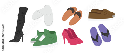 Vector set of footwear. Sneakers, high heels, boots, loafers, sandals, flip flops, and slippers. Cartoon style.