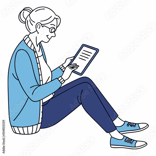 Senior woman sitting floor using tablet digital device