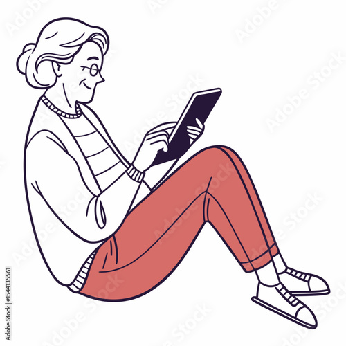 Senior woman sitting floor using tablet device happy smiling