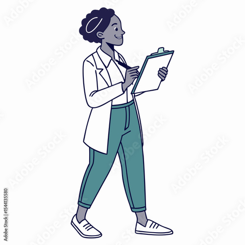 Walking female doctor writing on clipboard healthcare professional