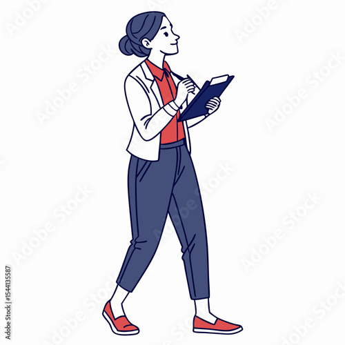 Young businesswoman walking while taking notes on clipboard