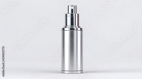 Sleek silver skincare bottle with pump dispenser stands against plain background, exuding modern and minimalist aesthetic