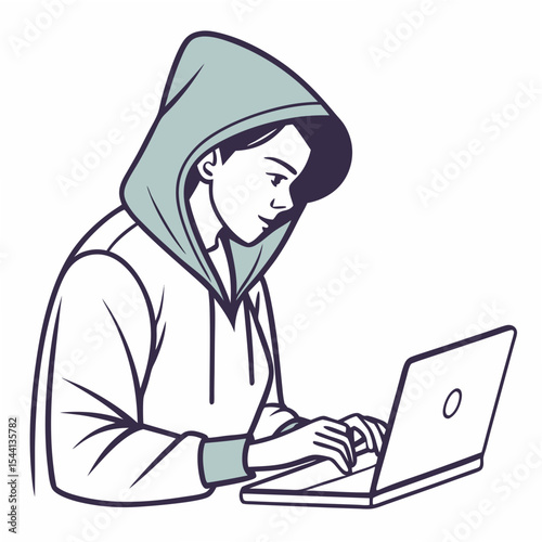 Woman in hoodie using laptop computer clean cutout illustration