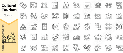 A diverse collection of cultural tourism icons, showcasing landmarks, music, traditions, and people, symbolizing the richness of global heritage and exploration.
