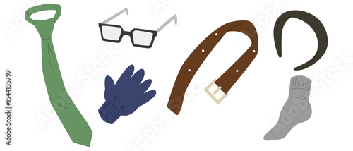 Vector set of clothing accessories. Glasses, tie, glove, belt, headband and sock. Cartoon style.