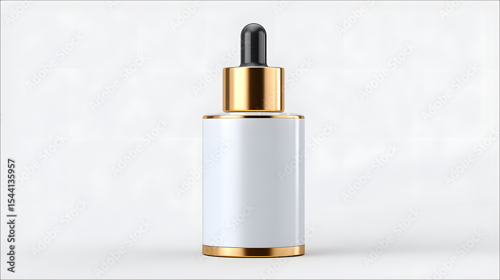 Realistic mockup of cosmetic serum dropper bottle with gold cap and white label, set against plain background. elegant design highlights luxury and simplicity Realistic mockup of cosmetic serum dropper bottle with gold cap and white label, set against plain background. elegant design highlights luxury and simplicity