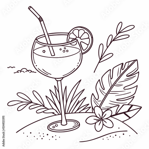 Tropical summer drink cocktail glass outline illustration