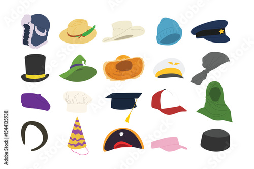 Vector illustration set of hats, head wear. Cartoon style.