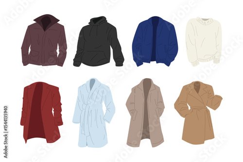 Vector set of outerwear clothing. Jacket, hoodie, sweater, blazer, bath robe, parka, and coat. Cartoon style.