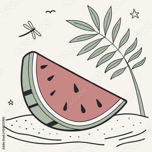 Summer watermelon slice beach scene cute illustration