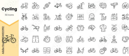 A collection of cycling icons, featuring various bike types, accessories, and gear, showcasing the diverse aspects of cycling culture and equipment.