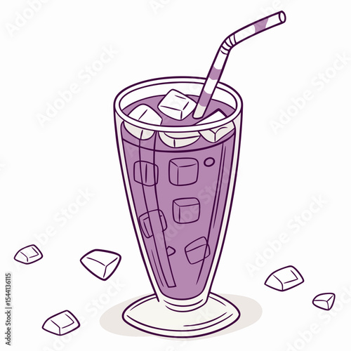 Iced purple drink with straw and ice cubes