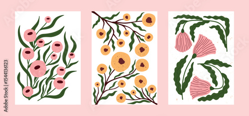 Hand drawn botanical posters with bold stylized flowers and green leaves. Modern floral wall art in flat textured style. Ideal for home decor, nursery prints, or creative surface design.