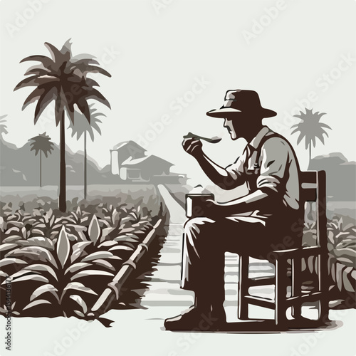 1945 image of a man eating on a plantation using a simple and minimalist flat design using a white background