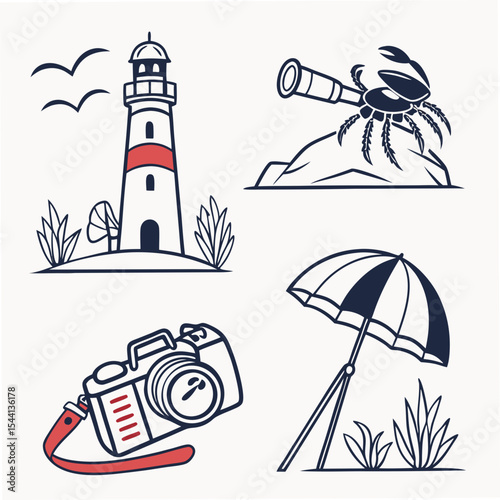 Professional travel icons set lighthouse camera crab umbrella isolated on white background