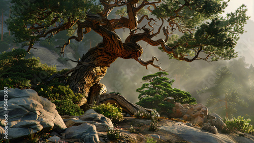 Ancient bonsai tree on rocky cliff with misty forest