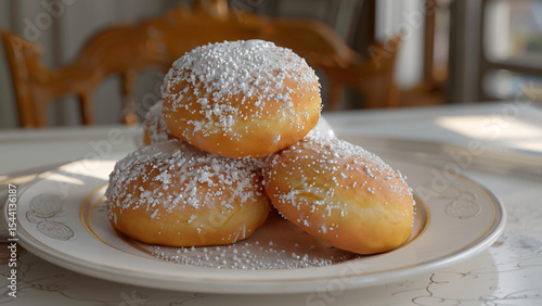 Stack of powdered donuts on beige plate with wooden background