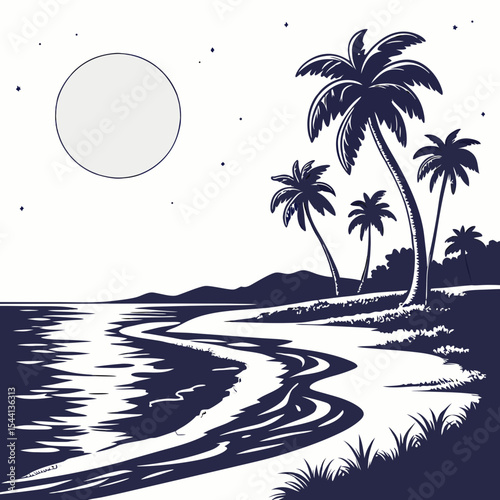Serene nighttime tropical beach scene palm trees moonlight ocean