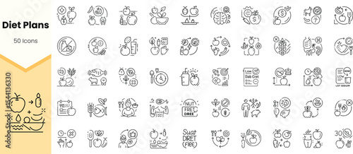 A collection of diet plan icons featuring various healthy food choices, meal preparations, and fitness symbols, designed in a minimalistic black and white style.