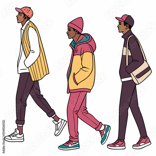 Three stylish young men walking in trendy streetwear