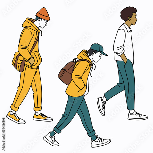 Three diverse young men walking casually stylish streetwear fashion