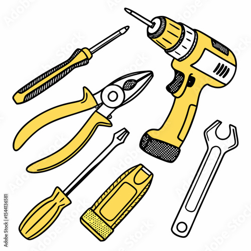 Yellow hand tools collection drill screwdrivers pliers wrench