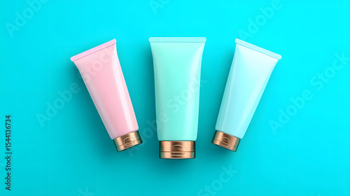 Wallpaper Mural Three pastel colored skincare tubes with gold caps are arranged on vibrant blue background, creating modern and fresh aesthetic Torontodigital.ca