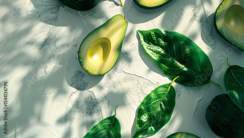 Avocado slices and leaves on textured white surface with shadows