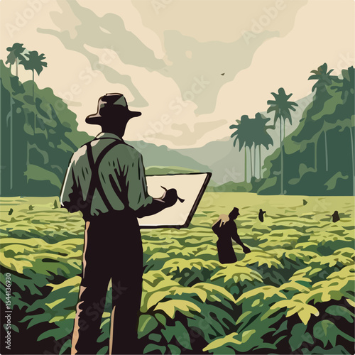 1945 image of a man painting on a plantation using a simple and minimalist flat design using a white background