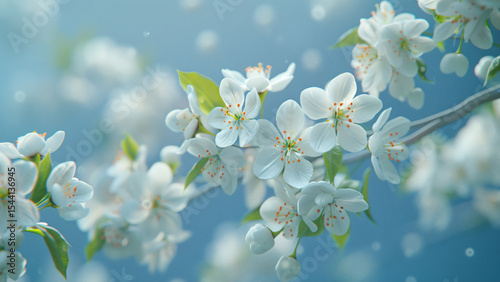White spring flowers blooming on branches with soft blue background