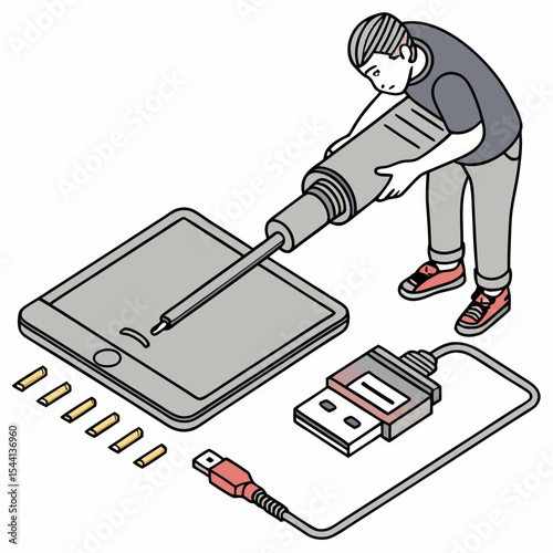 Person repairing a tablet computer with a screwdriver