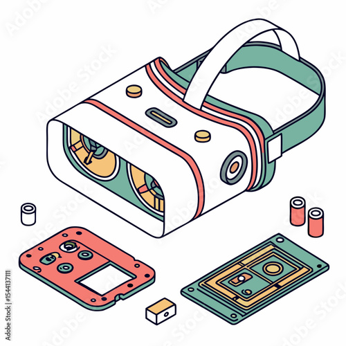 Virtual reality headset disassembled parts isometric illustration
