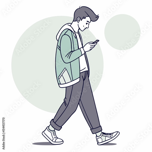 Young man walking and using smartphone, clean cutout, transparent background