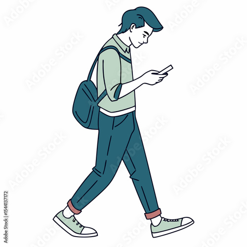 Young man walking using smartphone backpack casual style