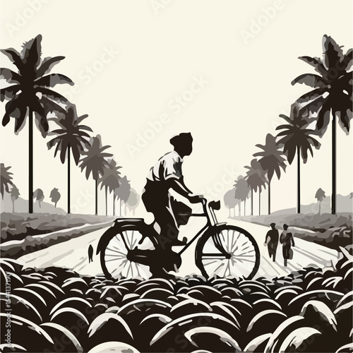 1945 image of a man cycling on a plantation using a simple and minimalist flat design using a white background