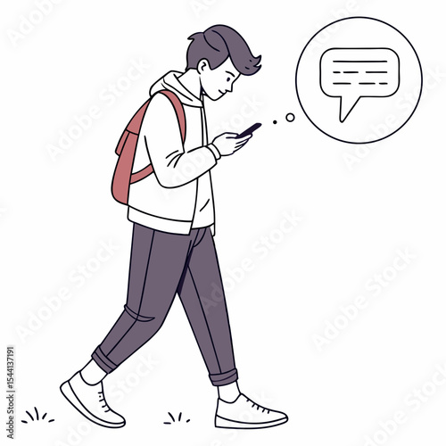 Young man walking using smartphone messaging app clean cutout