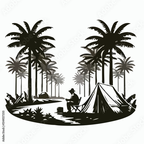 1945 image of a man camping on a plantation using a simple and minimalist flat design using a white background