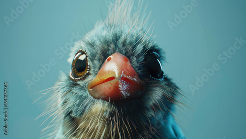 Closeup of blue fluffy bird with curious expression on teal background