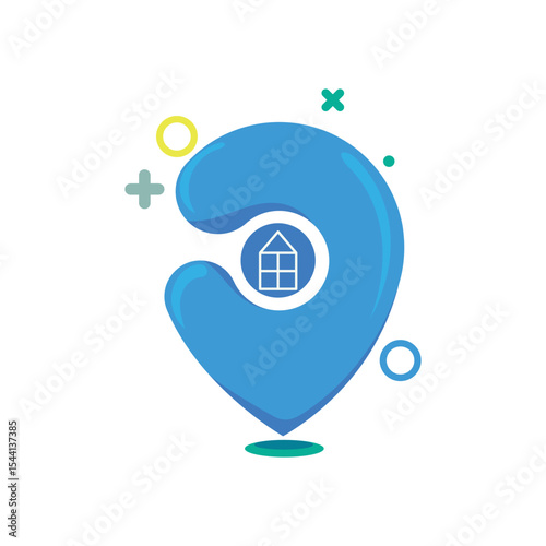 Cartoon-style vector illustration of a blue location marker icon with a house. Ideal for delivery app UI, GPS, travel maps, and modern geolocation graphic design. Playful and clean flat icon concept.