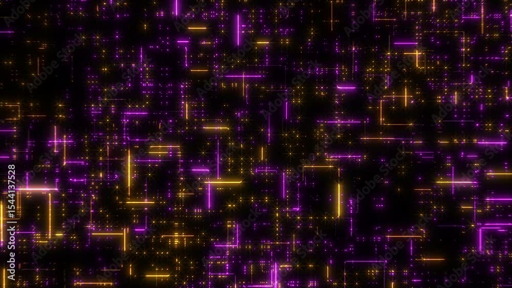 Intricate purple and yellow geometric lines on a black background form a complex pattern with squares and rectangles, creating an intricate visual display