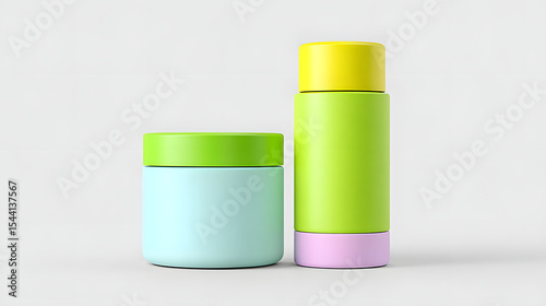 Colorful skincare packaging mockup featuring half transparent jar and tall bottle, both with vibrant lids, set against neutral background