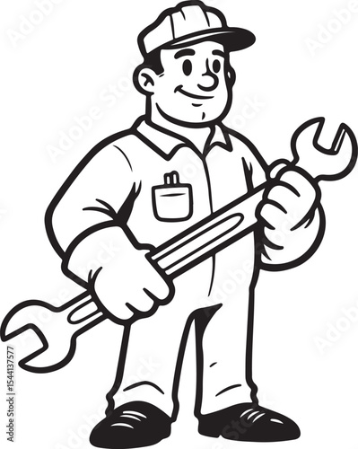 "Clean modern cartoon sketch of a mechanic with wrench, minimalistic, black and white, no background"

