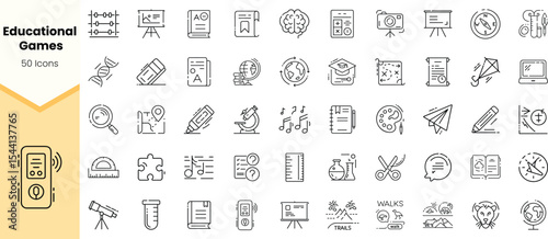 A collection of educational icons featuring various themes such as games, learning tools, and classroom supplies, designed in a minimalist black and white style.