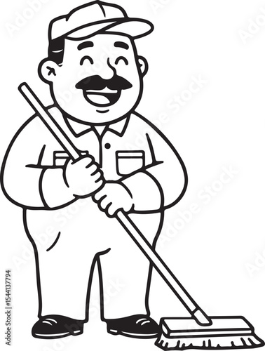 "Minimalist cartoon cleaner holding mop, modern clean lines, black and white, no background"

