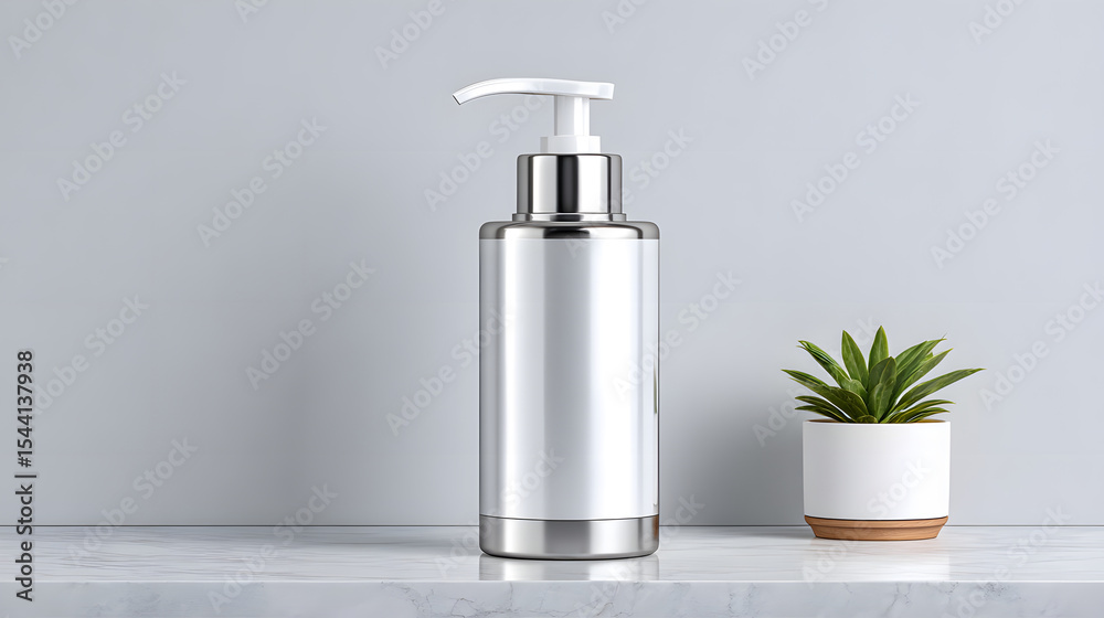 Fototapeta premium Sleek, silver pump bottle stands on marble surface beside small potted plant, set against light gray background. minimalist design exudes elegance and simplicity