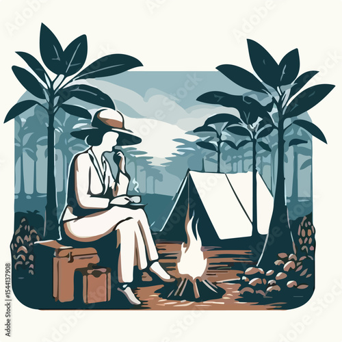 1945 image of a woman camping on a plantation using a simple and minimalist flat design using a white background