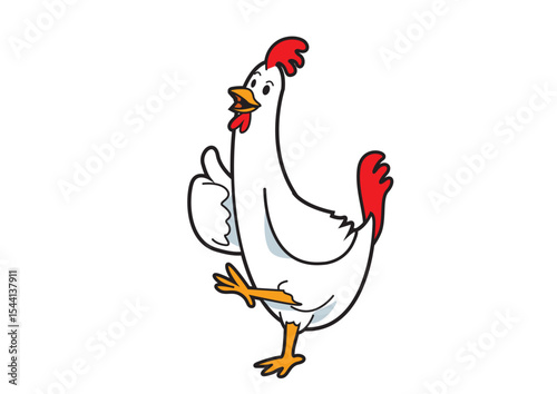 Illustration of a cheerful cartoon chicken character with a playful pose, designed to evoke fun and whimsy