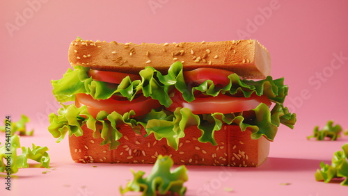 Layered sandwich with lettuce and tomato on vibrant pink background