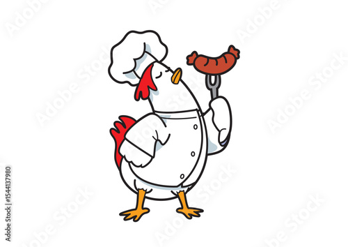 Illustration of a cheerful cartoon chicken character dressed as a chef, proudly holding a sausage on a fork to convey culinary skills